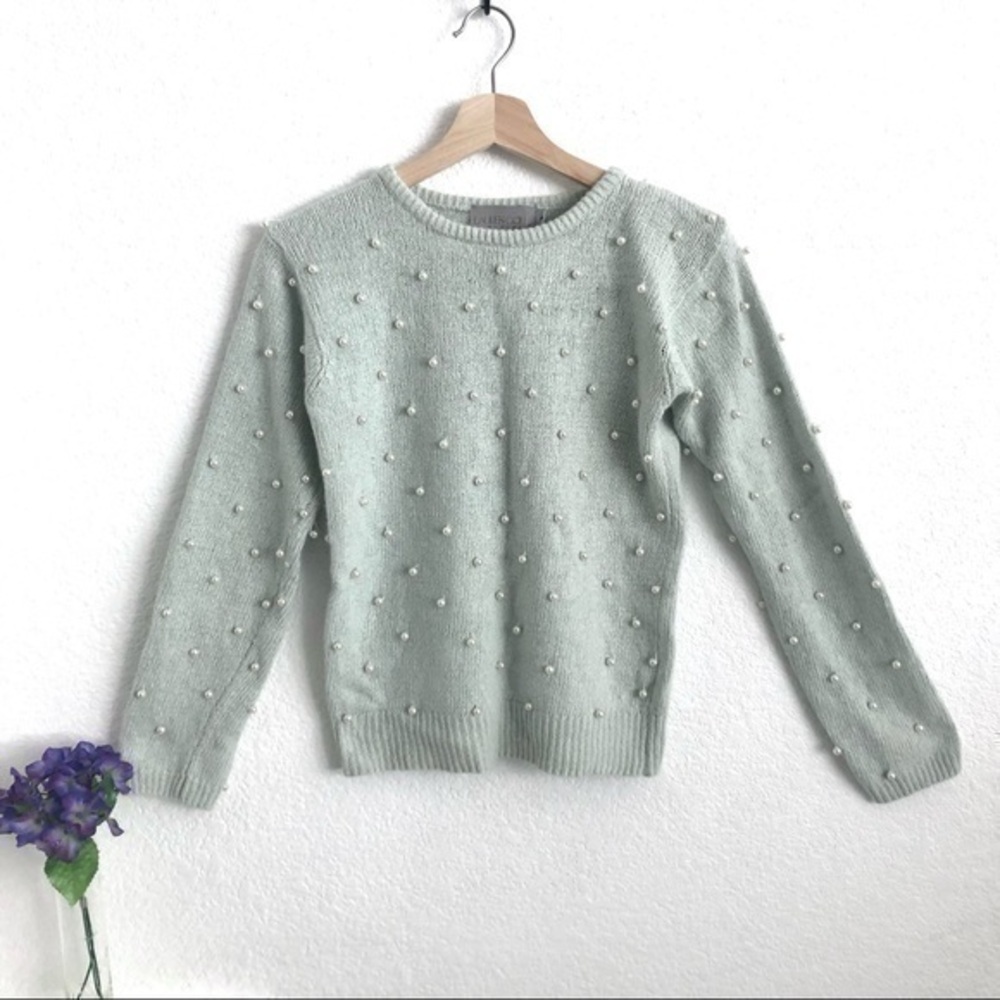 Vintage pale blue silk wool sweater with pearls small petite
